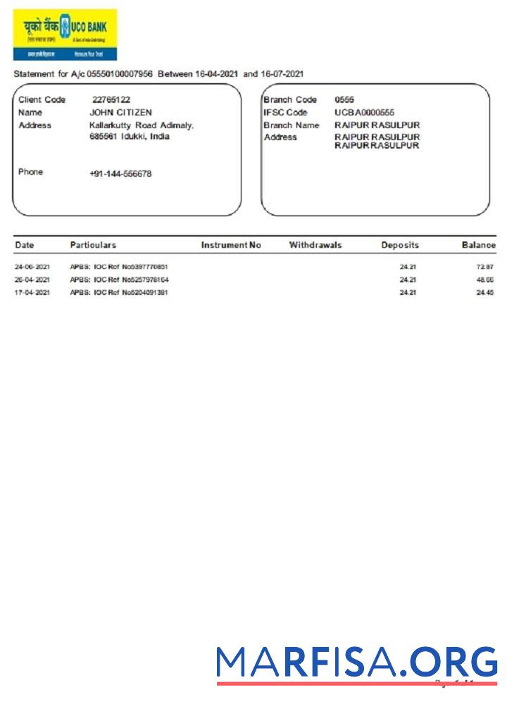 Blank India UCO bank statement word download for verification